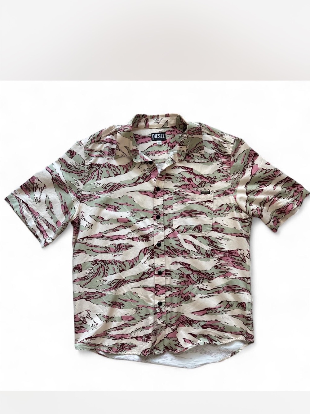 Diesel Short Sleeve Button-Up Shirt in Sage Green and Pink Wave Print